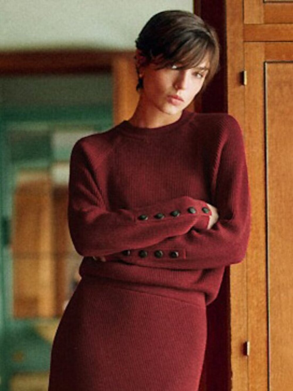 Like New Sezane Sami Merino Cotton Button Cuff Sweater Maroon Med